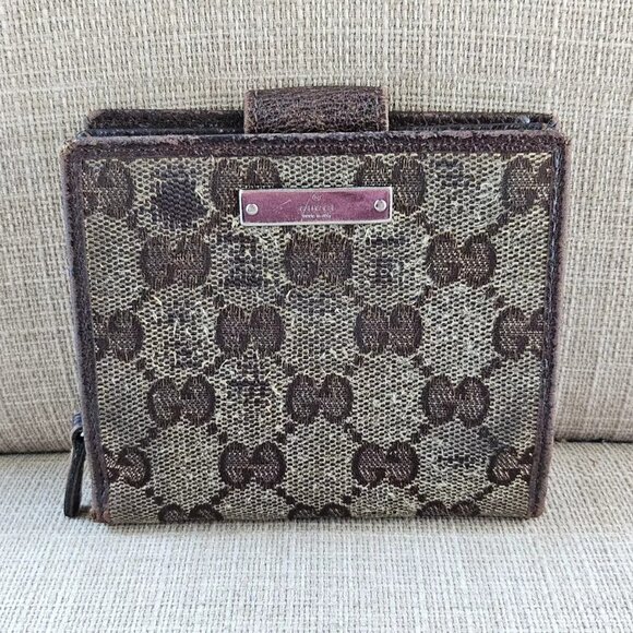 Auth Gucci Card Holder Brown Leather Canvas GG Logo Bifold Wallet made in Italy - Picture 2 of 13